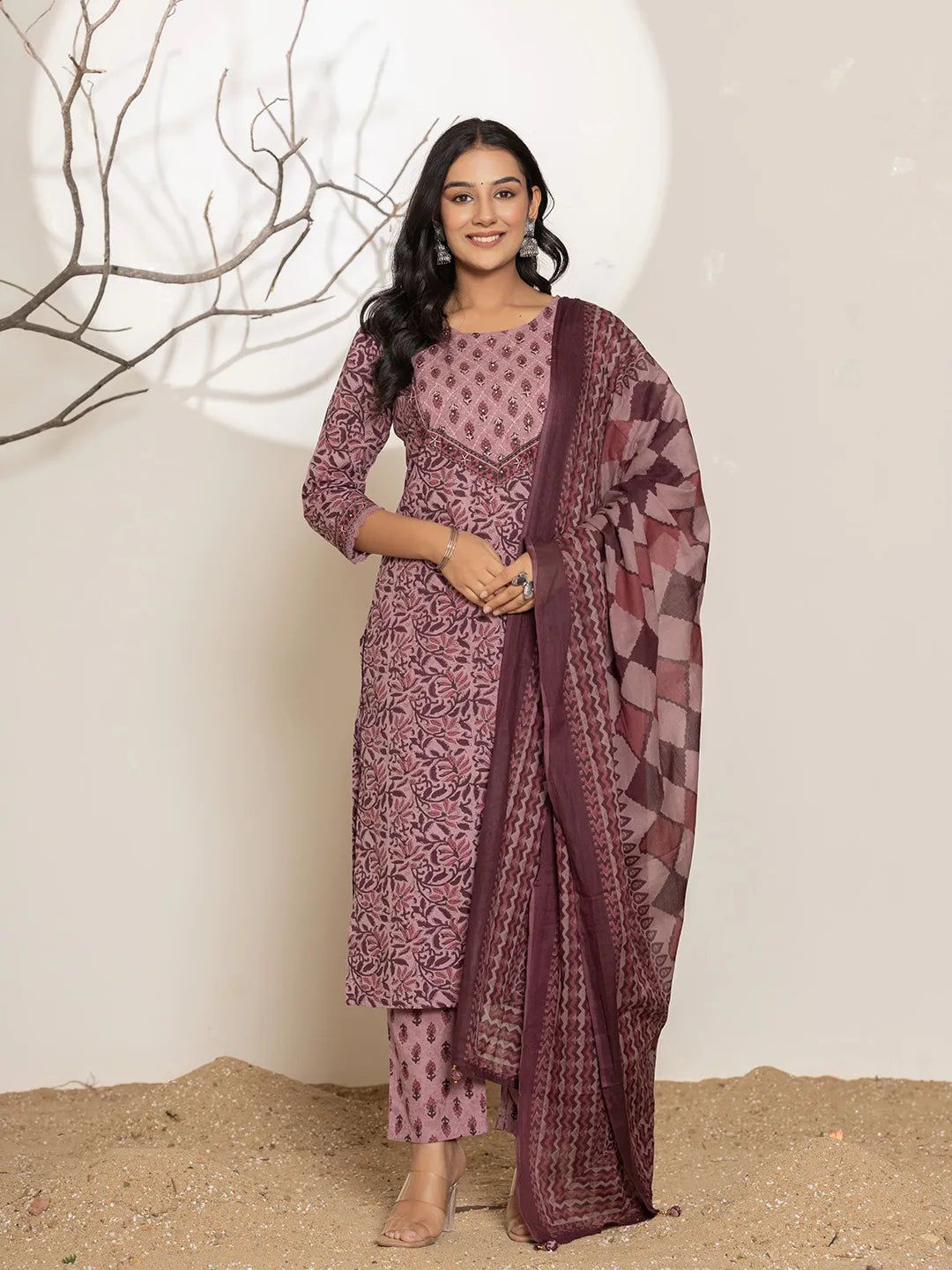 Yufta Purple Leaf Print Cotton Straight Kurta With Dupatta Set | Grocsy