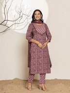 Yufta Purple Leaf Print Cotton Straight Kurta With Dupatta Set | Grocsy