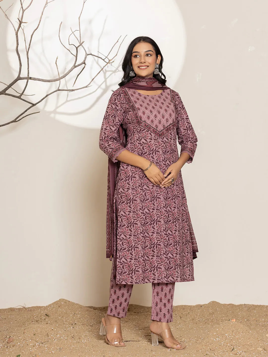 Yufta Purple Leaf Print Cotton Straight Kurta With Dupatta Set | Grocsy