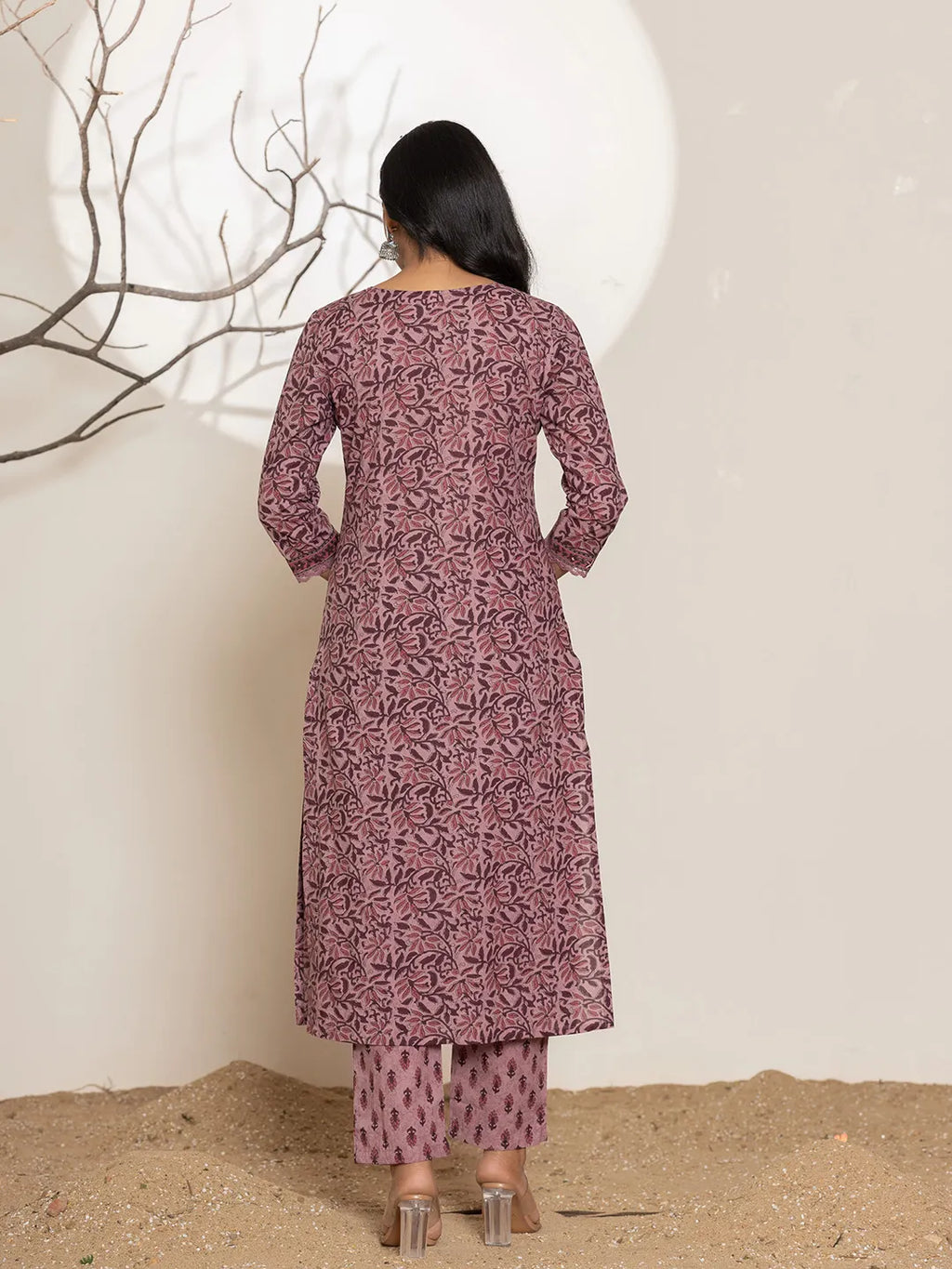 Yufta Purple Leaf Print Cotton Straight Kurta With Dupatta Set | Grocsy