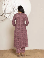 Yufta Purple Leaf Print Cotton Straight Kurta With Dupatta Set | Grocsy