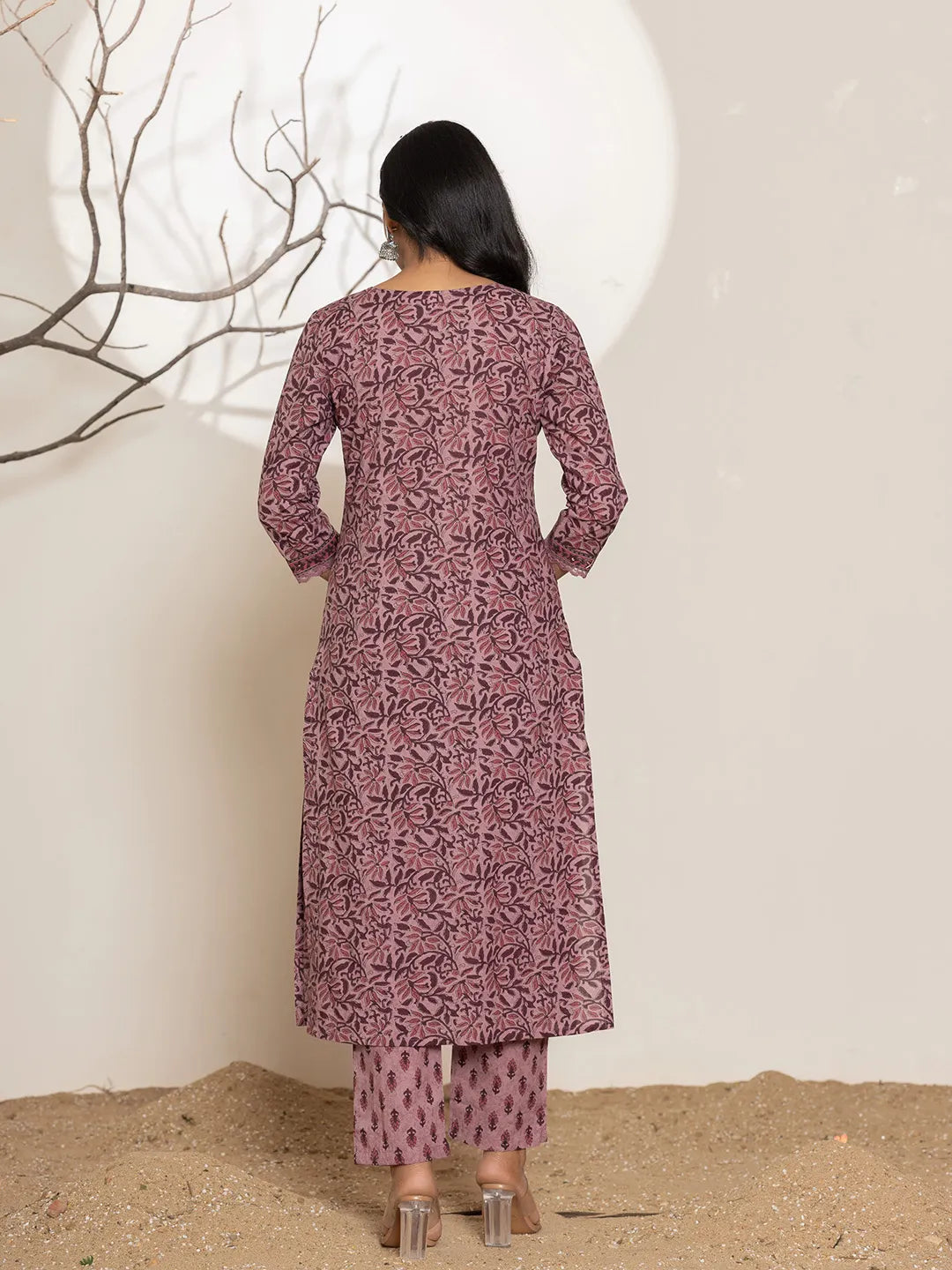 Yufta Purple Leaf Print Cotton Straight Kurta With Dupatta Set | Grocsy