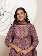 Yufta Purple Leaf Print Cotton Straight Kurta With Dupatta Set | Grocsy