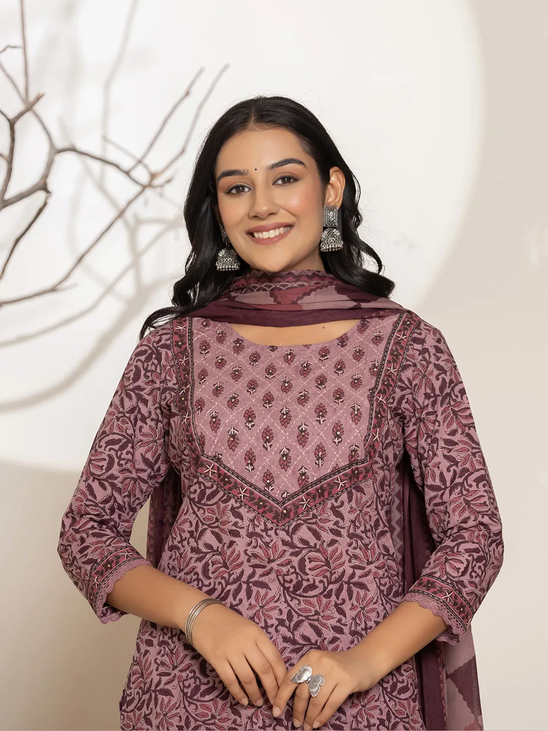 Yufta Purple Leaf Print Cotton Straight Kurta With Dupatta Set | Grocsy