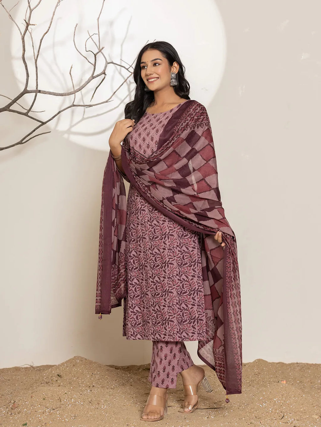 Yufta Purple Leaf Print Cotton Straight Kurta With Dupatta Set | Grocsy
