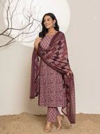 Yufta Purple Leaf Print Cotton Straight Kurta With Dupatta Set | Grocsy