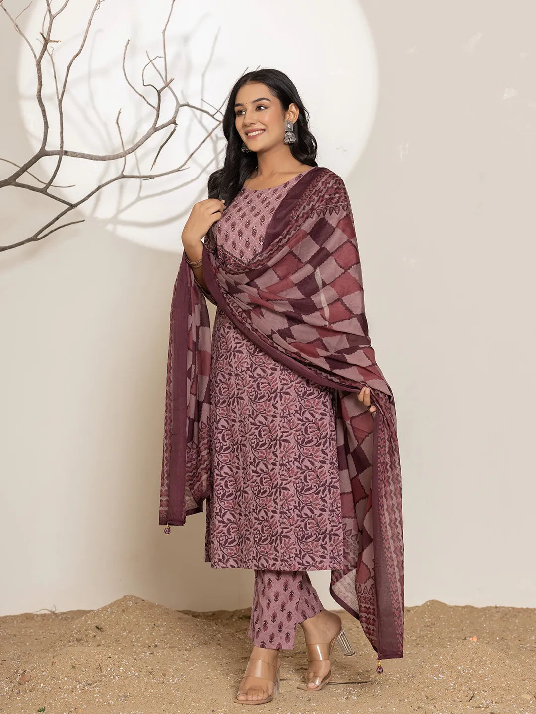 Yufta Purple Leaf Print Cotton Straight Kurta With Dupatta Set | Grocsy