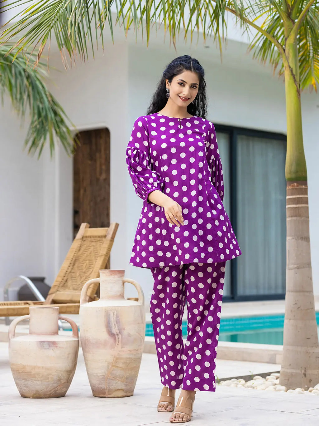 Yufta Purple Polka Dot Print Top And Trouser Co Ord Set | Grocsy