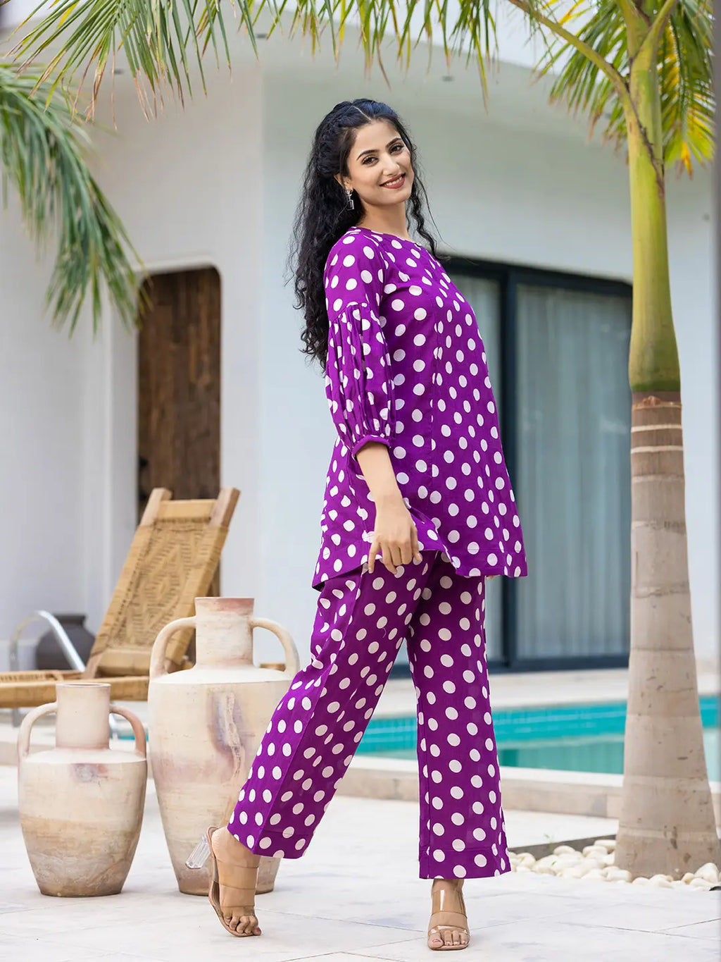 Yufta Purple Polka Dot Print Top And Trouser Co Ord Set | Grocsy