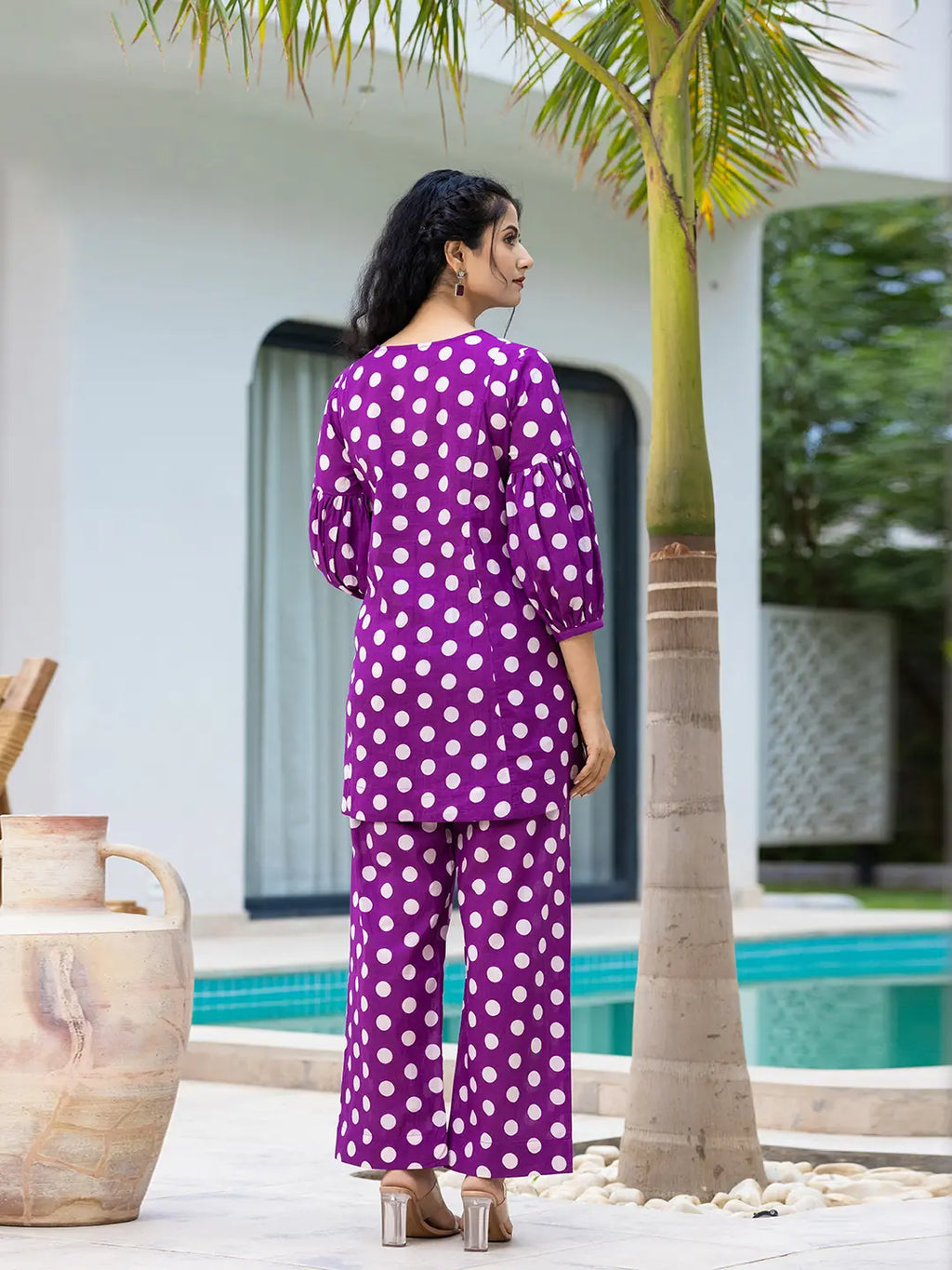 Yufta Purple Polka Dot Print Top And Trouser Co Ord Set | Grocsy