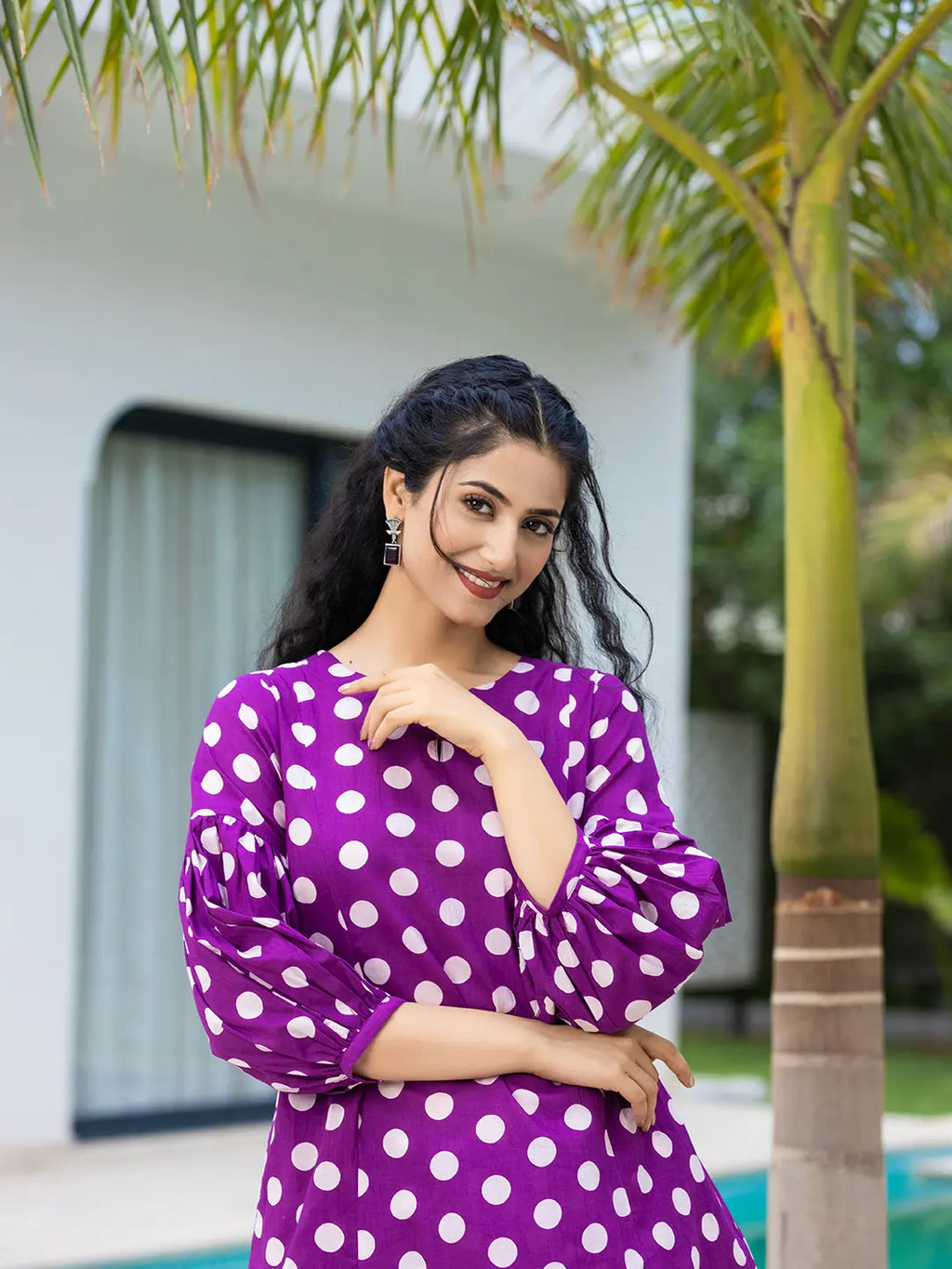 Yufta Purple Polka Dot Print Top And Trouser Co Ord Set | Grocsy