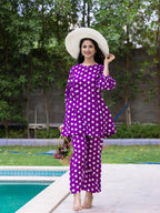 Yufta Purple Polka Dot Print Top And Trouser Co Ord Set | Grocsy