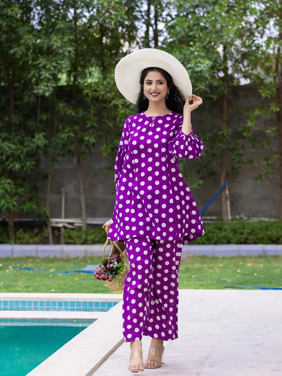 Yufta Purple Polka Dot Print Top And Trouser Co Ord Set | Grocsy