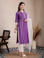 Yufta Purple Premium Cotton Kurta Dupatta Pant Set | Grocsy