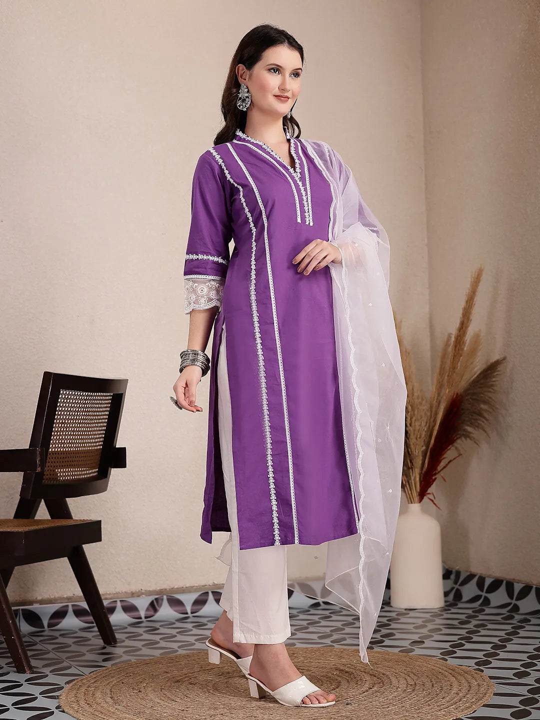 Yufta Purple Premium Cotton Kurta Dupatta Pant Set | Grocsy