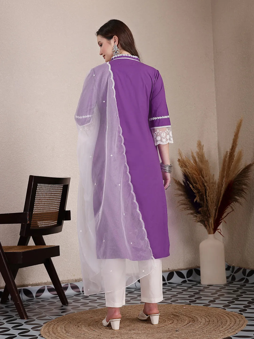 Yufta Purple Premium Cotton Kurta Dupatta Pant Set | Grocsy