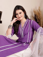 Yufta Purple Premium Cotton Kurta Dupatta Pant Set | Grocsy