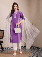 Yufta Purple Premium Cotton Kurta Dupatta Pant Set | Grocsy