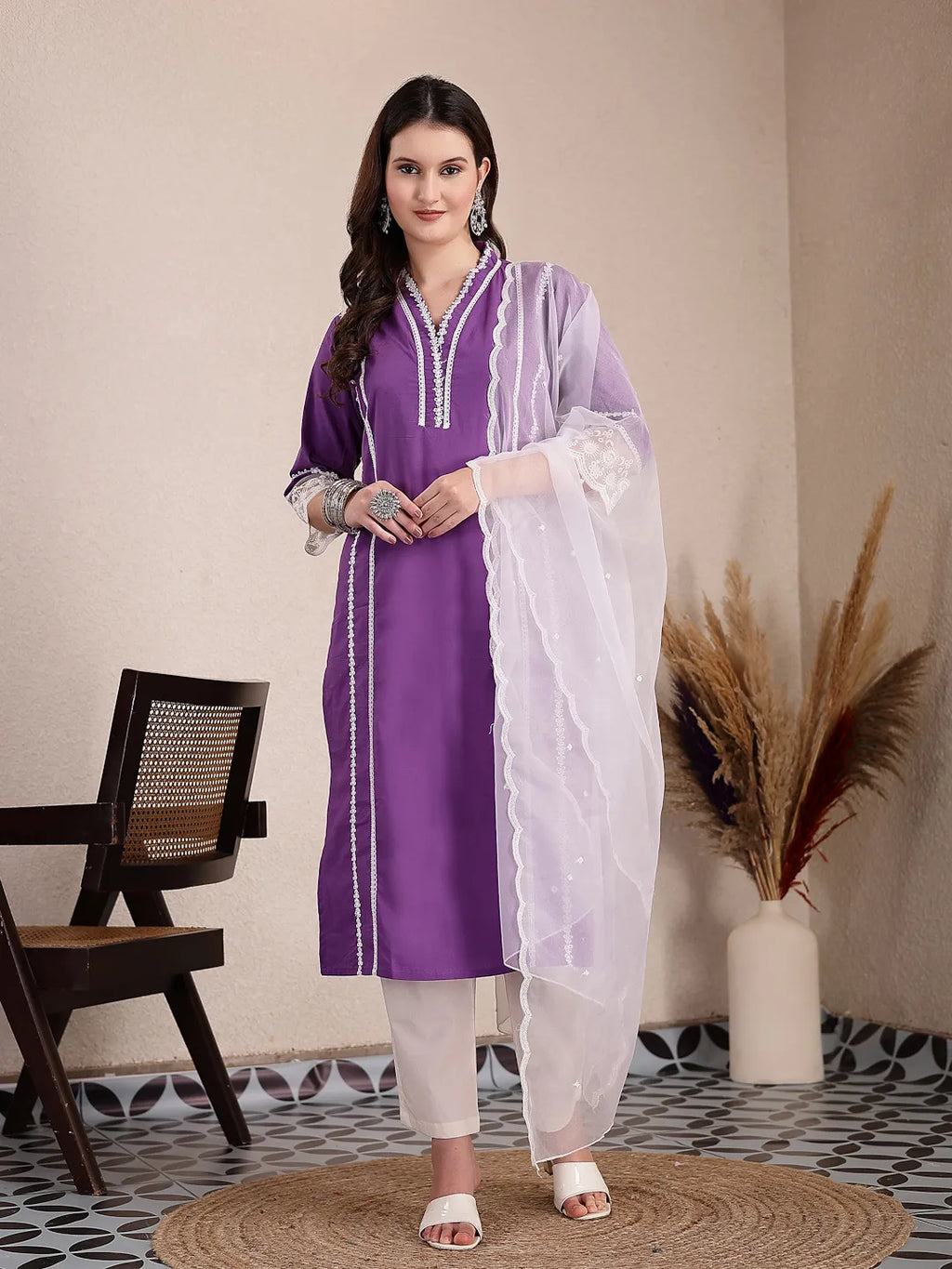 Yufta Purple Premium Cotton Kurta Dupatta Pant Set | Grocsy