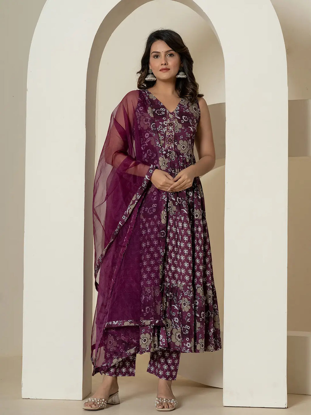 Yufta Purple Pure Cotton Fit And Flare Tiered Kurta Trouser & Dupatta Set | Grocsy