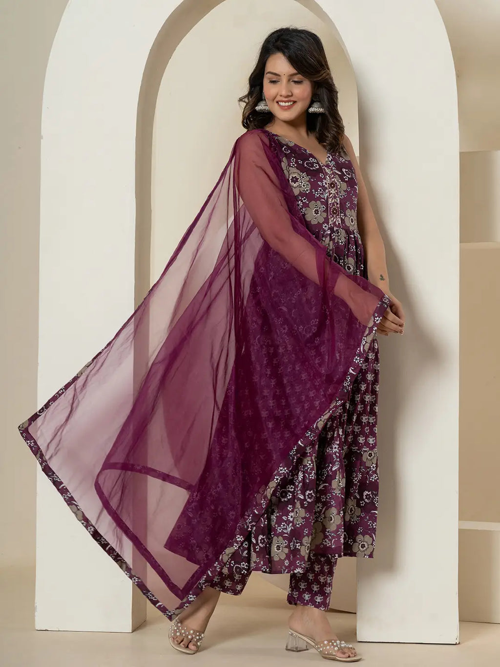 Yufta Purple Pure Cotton Fit And Flare Tiered Kurta Trouser & Dupatta Set | Grocsy