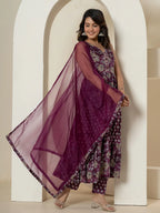 Yufta Purple Pure Cotton Fit And Flare Tiered Kurta Trouser & Dupatta Set | Grocsy