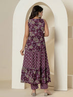 Yufta Purple Pure Cotton Fit And Flare Tiered Kurta Trouser & Dupatta Set | Grocsy