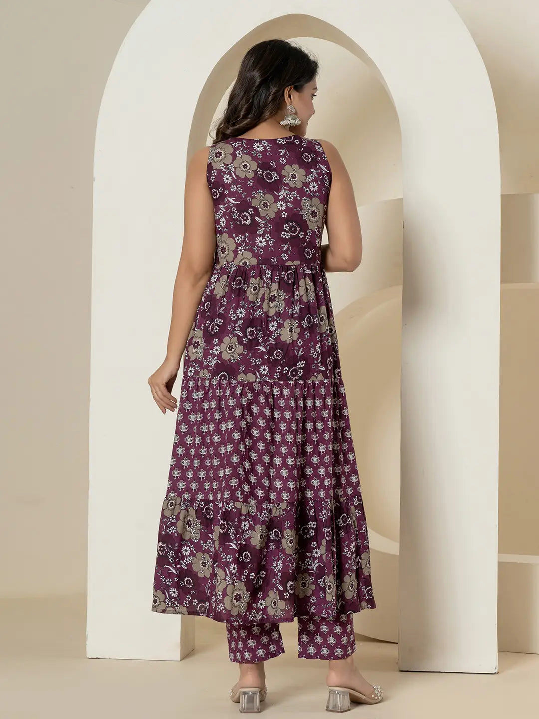 Yufta Purple Pure Cotton Fit And Flare Tiered Kurta Trouser & Dupatta Set | Grocsy