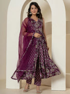 Yufta Purple Pure Cotton Fit And Flare Tiered Kurta Trouser & Dupatta Set | Grocsy