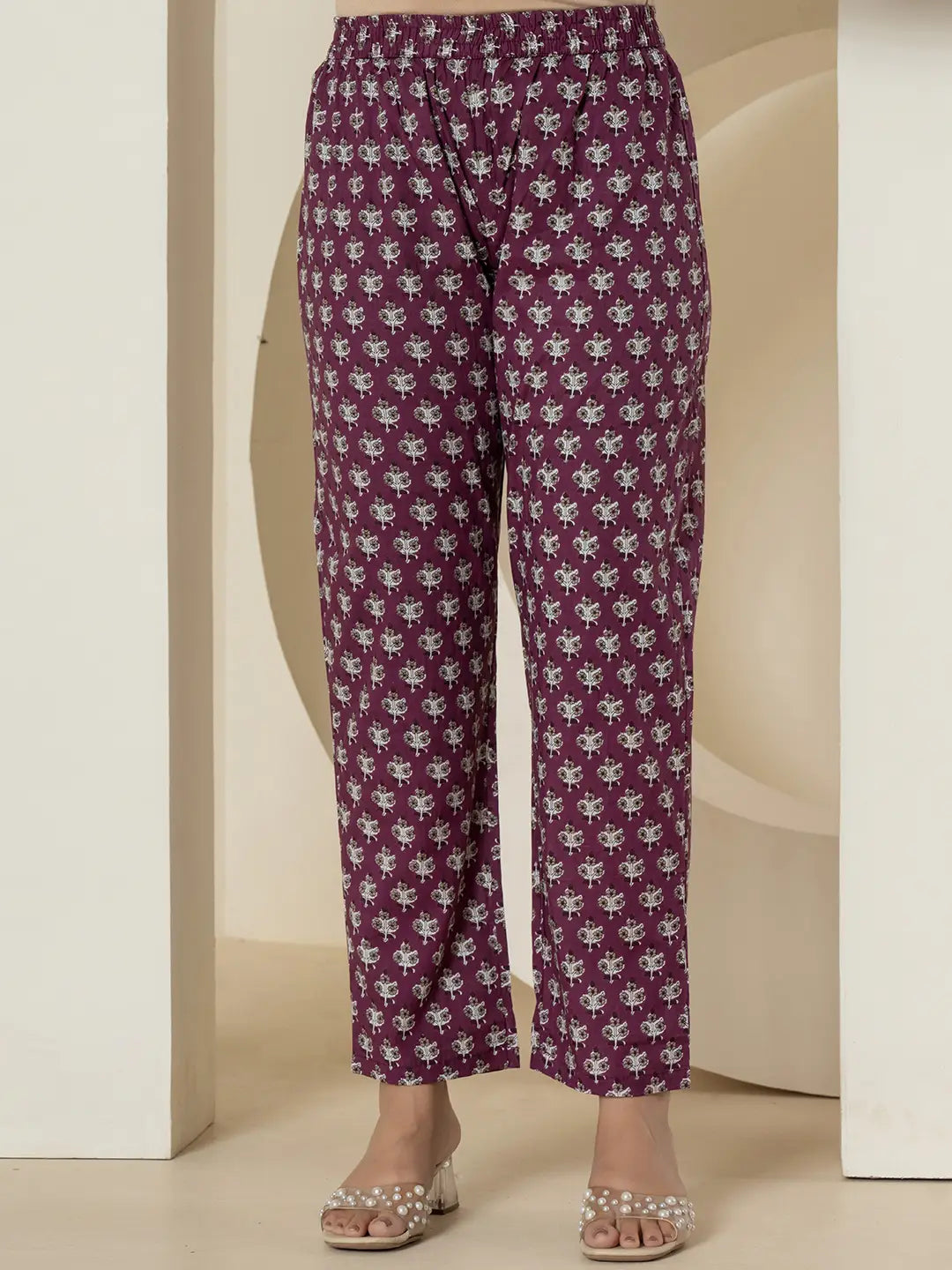 Yufta Purple Pure Cotton Fit And Flare Tiered Kurta Trouser & Dupatta Set | Grocsy