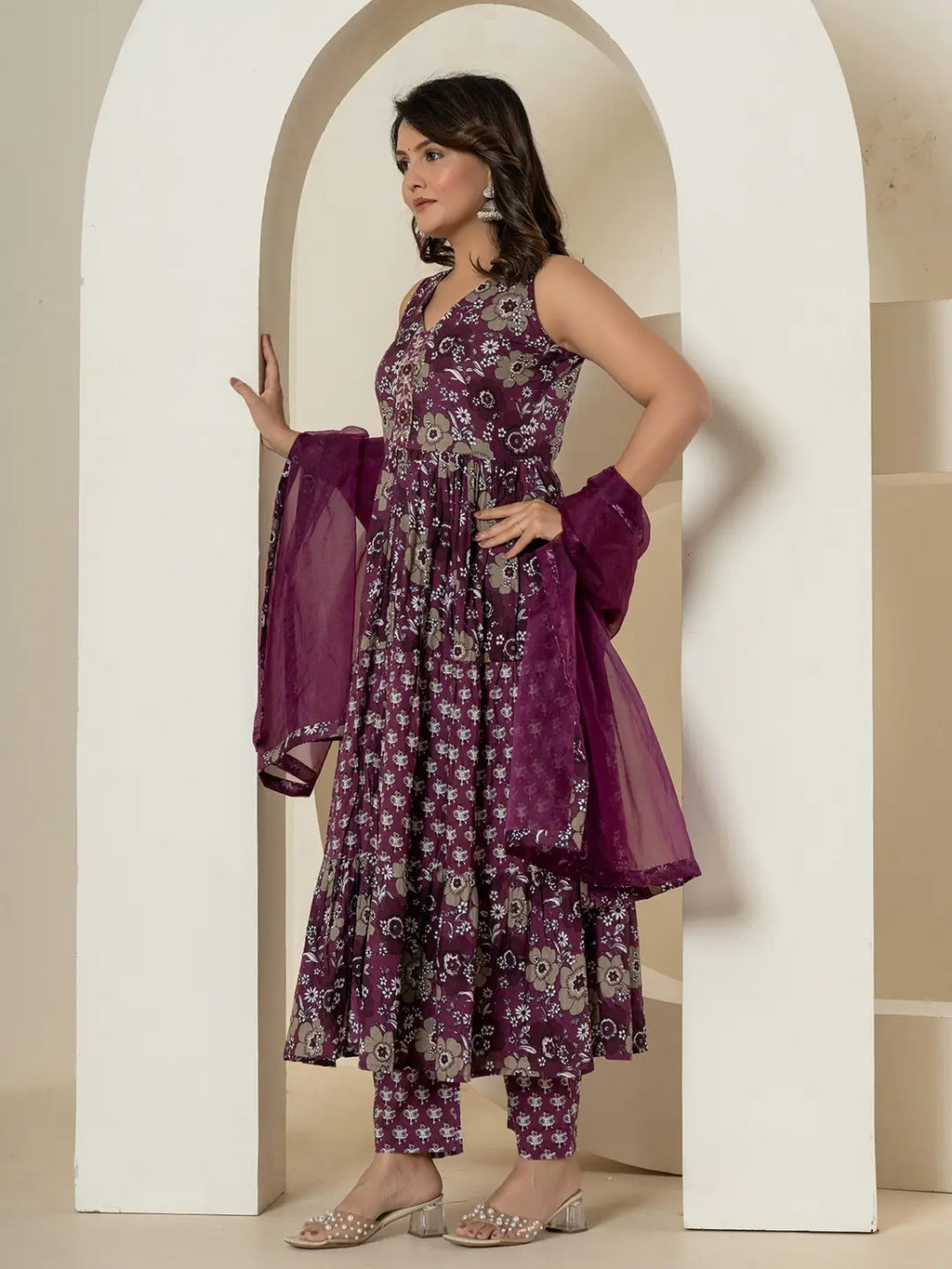Yufta Purple Pure Cotton Fit And Flare Tiered Kurta Trouser & Dupatta Set | Grocsy