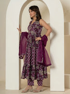 Yufta Purple Pure Cotton Fit And Flare Tiered Kurta Trouser & Dupatta Set | Grocsy