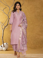Yufta Purple Silk Blend Pakistani Style Kurta Dupatta Set | Grocsy
