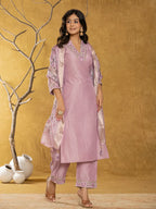 Yufta Purple Silk Blend Pakistani Style Kurta Dupatta Set | Grocsy