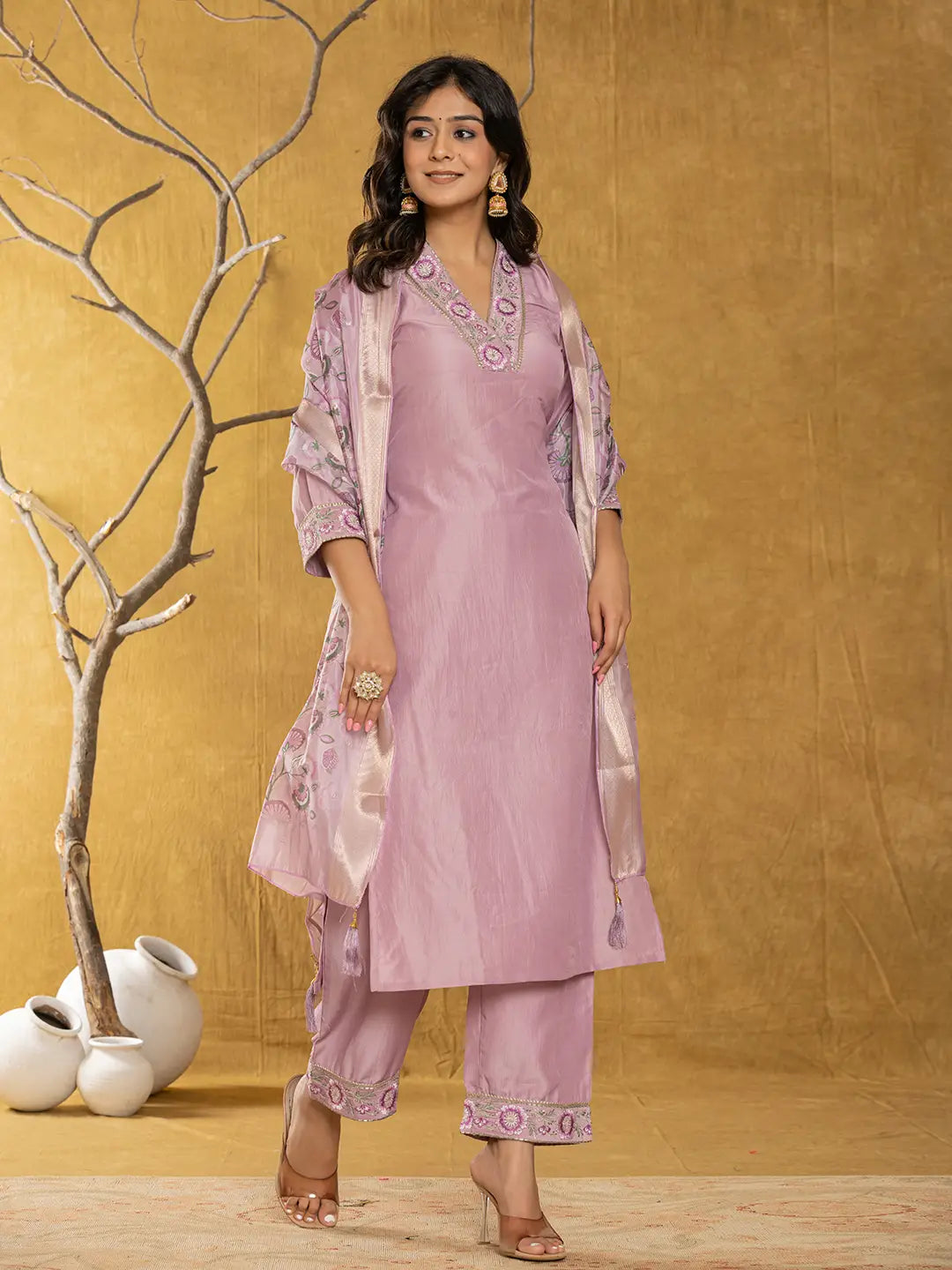 Yufta Purple Silk Blend Pakistani Style Kurta Dupatta Set | Grocsy