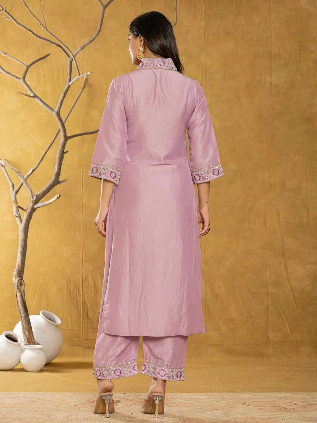 Yufta Purple Silk Blend Pakistani Style Kurta Dupatta Set | Grocsy