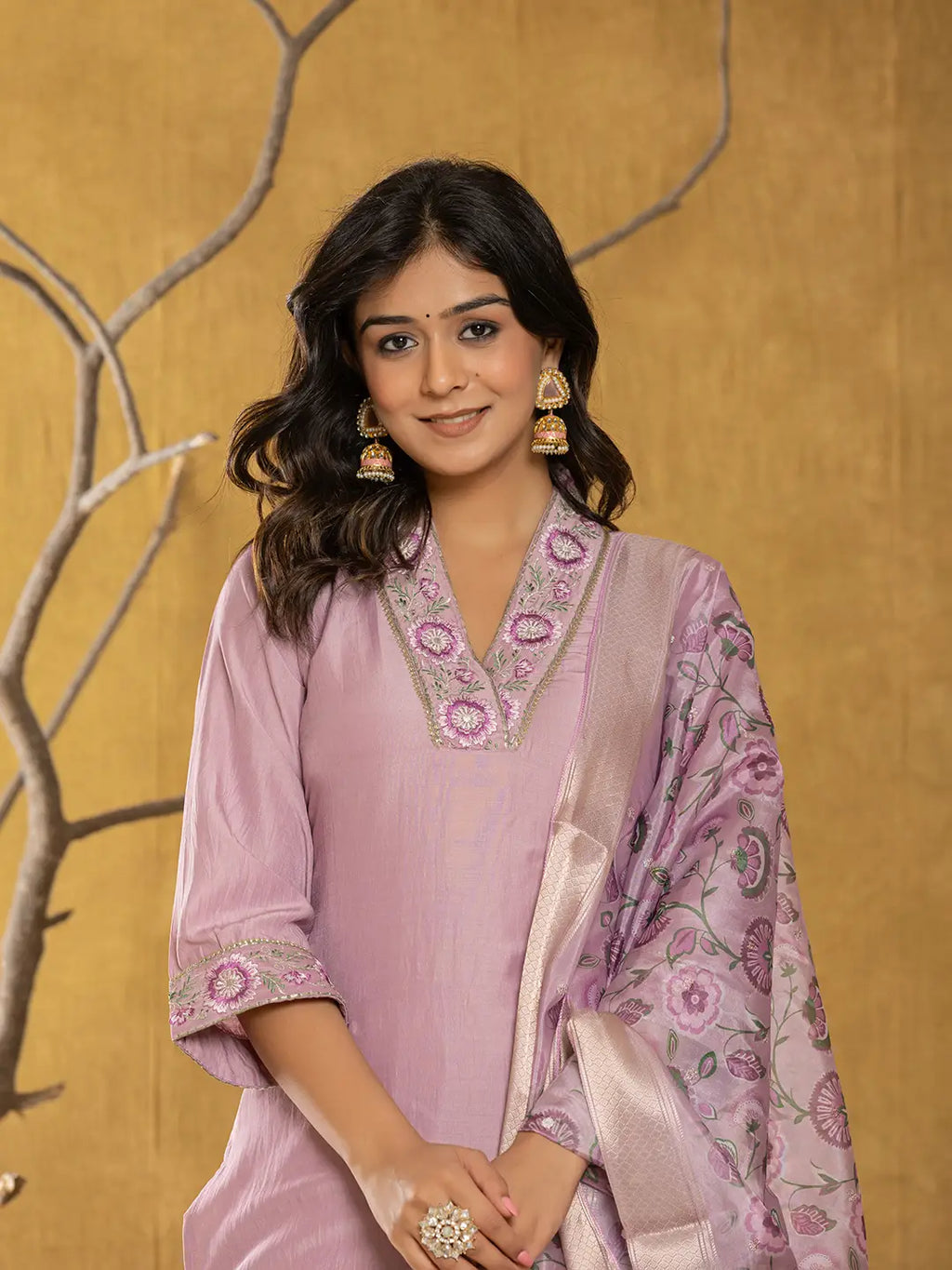 Yufta Purple Silk Blend Pakistani Style Kurta Dupatta Set | Grocsy
