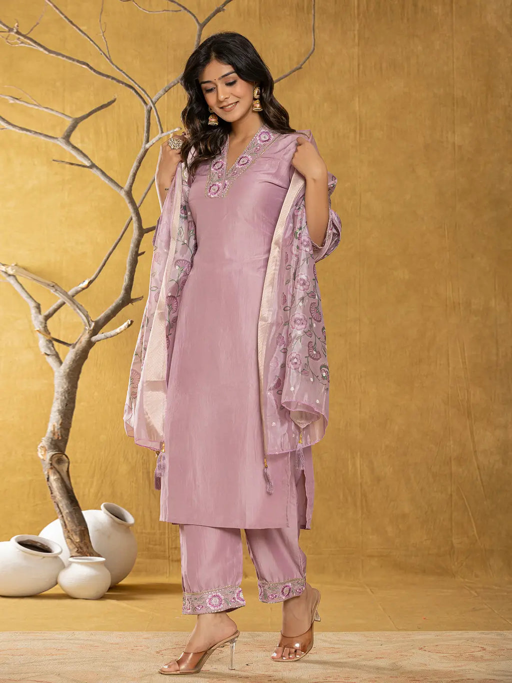 Yufta Purple Silk Blend Pakistani Style Kurta Dupatta Set | Grocsy