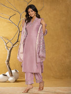 Yufta Purple Silk Blend Pakistani Style Kurta Dupatta Set | Grocsy