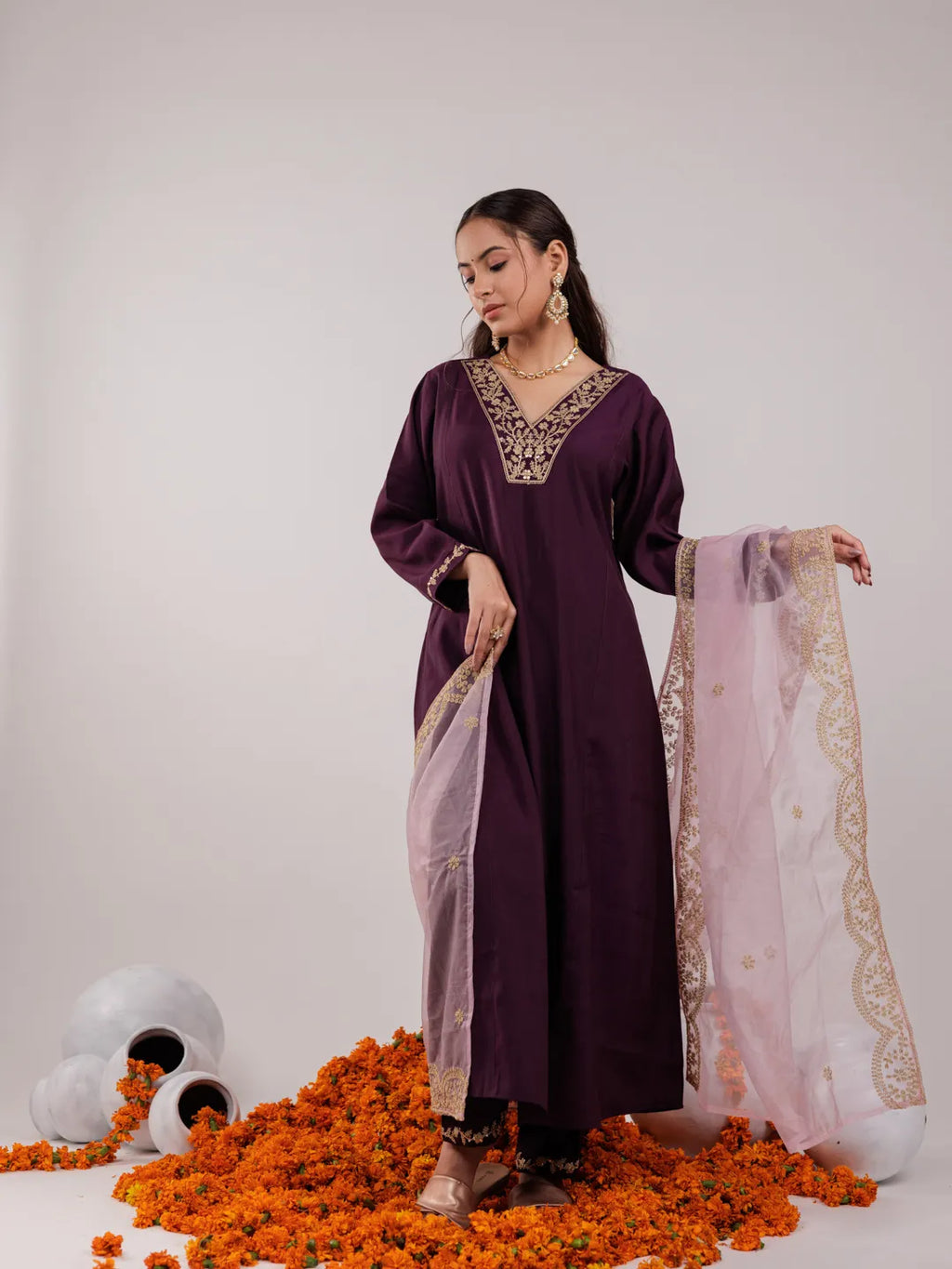 Yufta Purple Silk Embroidered Kurta Dupatta Set | Grocsy