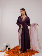 Yufta Purple Silk Embroidered Kurta Dupatta Set | Grocsy