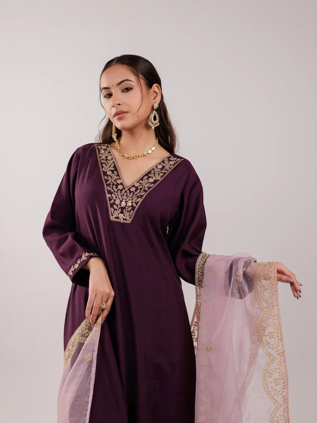 Yufta Purple Silk Embroidered Kurta Dupatta Set | Grocsy