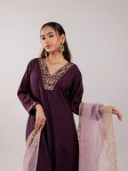 Yufta Purple Silk Embroidered Kurta Dupatta Set | Grocsy