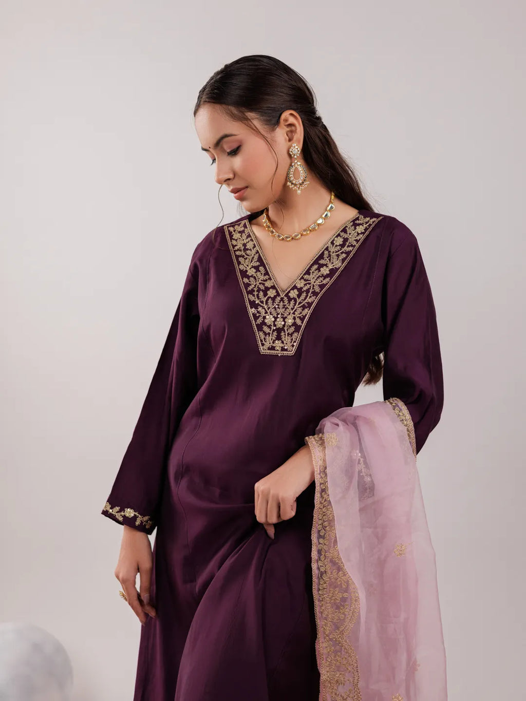 Yufta Purple Silk Embroidered Kurta Dupatta Set | Grocsy