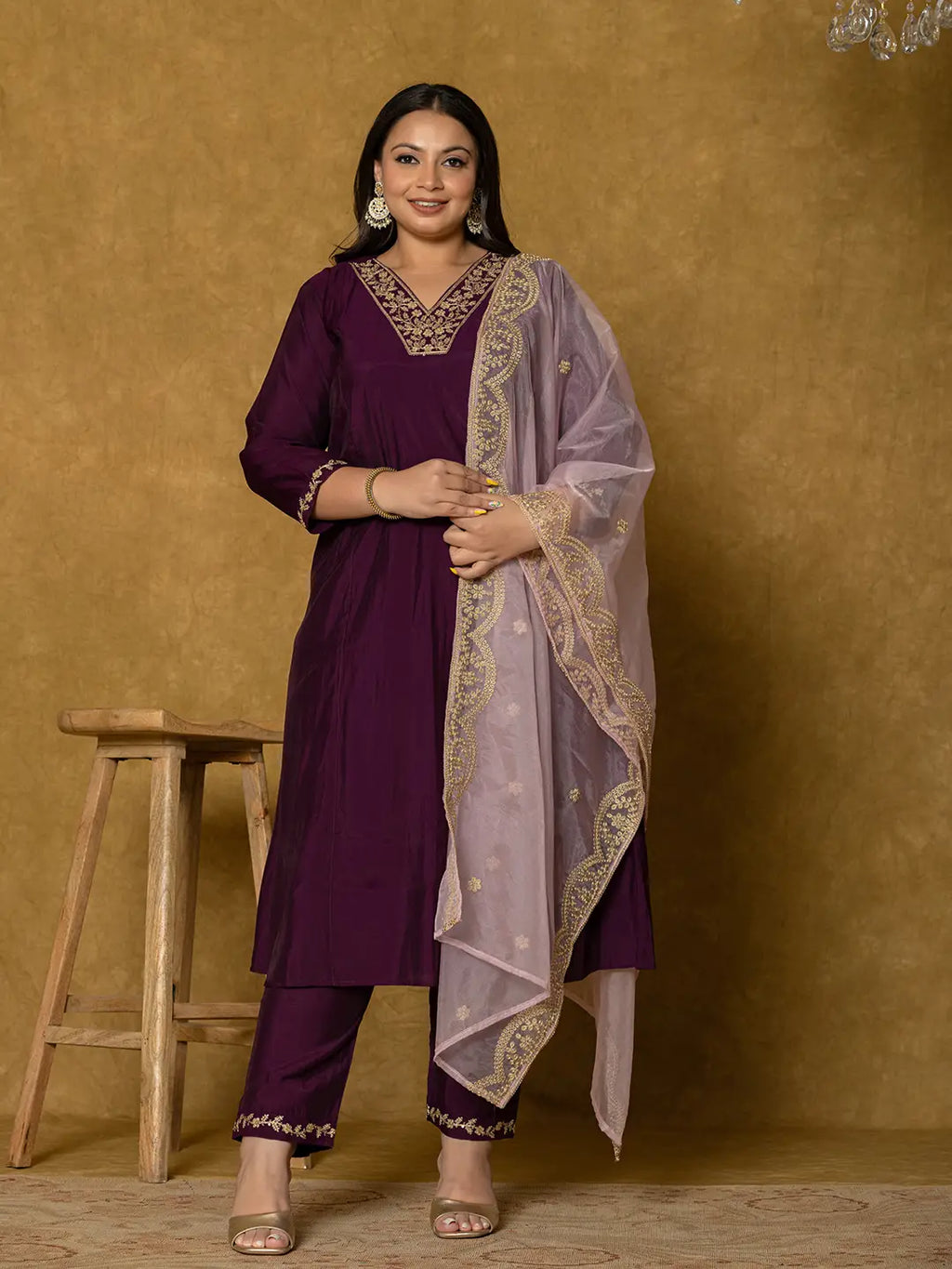 Yufta Purple Silk Embroidered Plus Size Kurta Dupatta Set | Grocsy