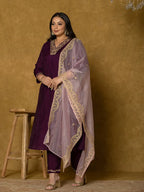 Yufta Purple Silk Embroidered Plus Size Kurta Dupatta Set | Grocsy