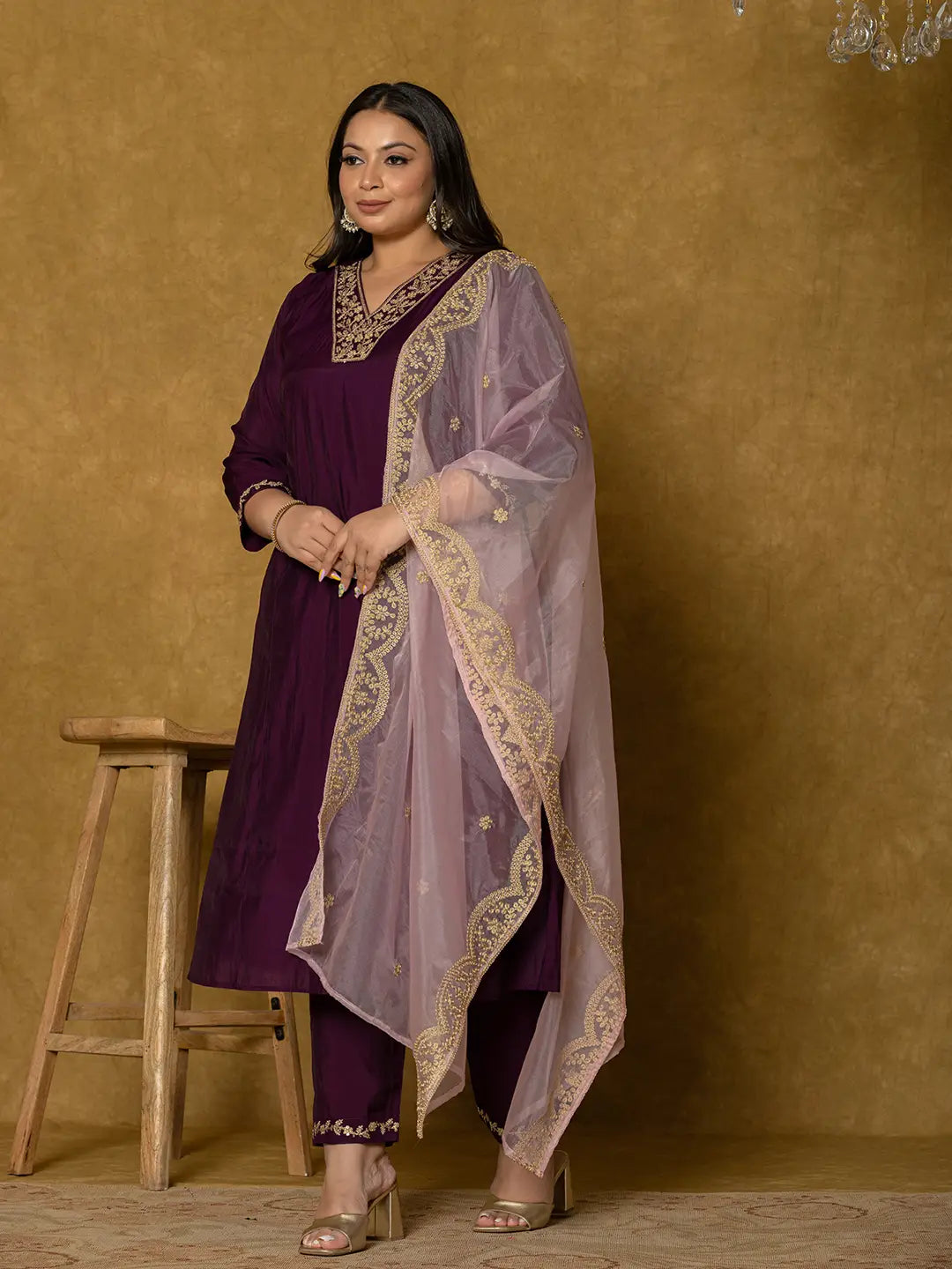Yufta Purple Silk Embroidered Plus Size Kurta Dupatta Set | Grocsy