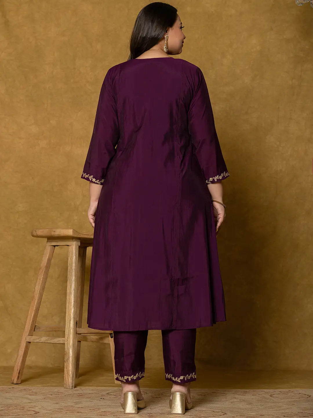 Yufta Purple Silk Embroidered Plus Size Kurta Dupatta Set | Grocsy
