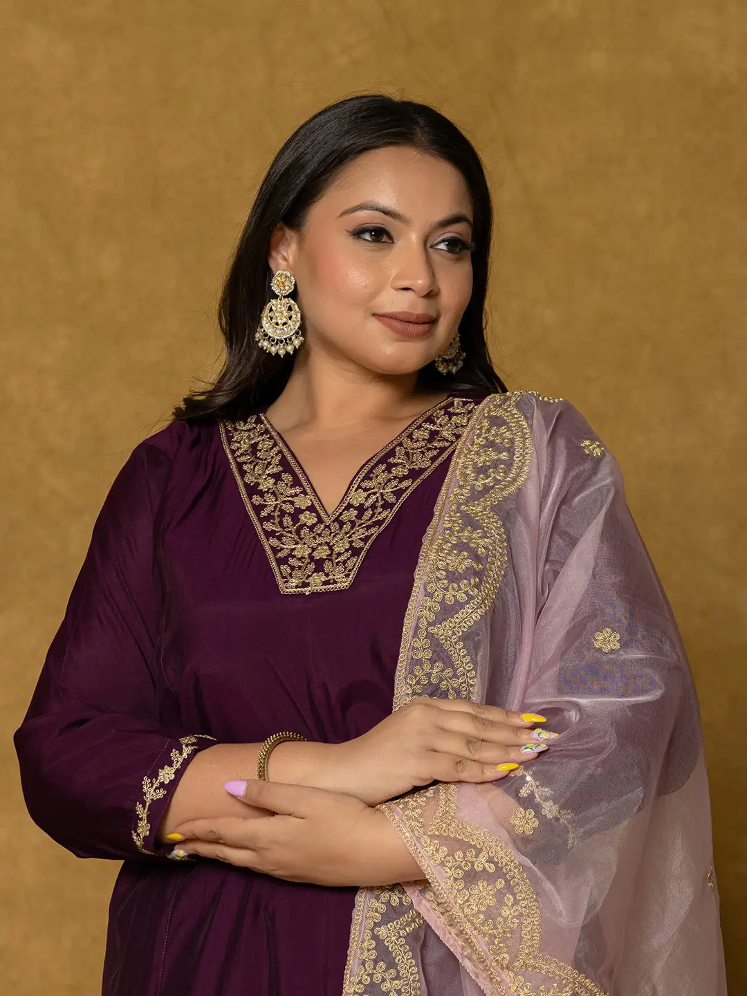 Yufta Purple Silk Embroidered Plus Size Kurta Dupatta Set | Grocsy