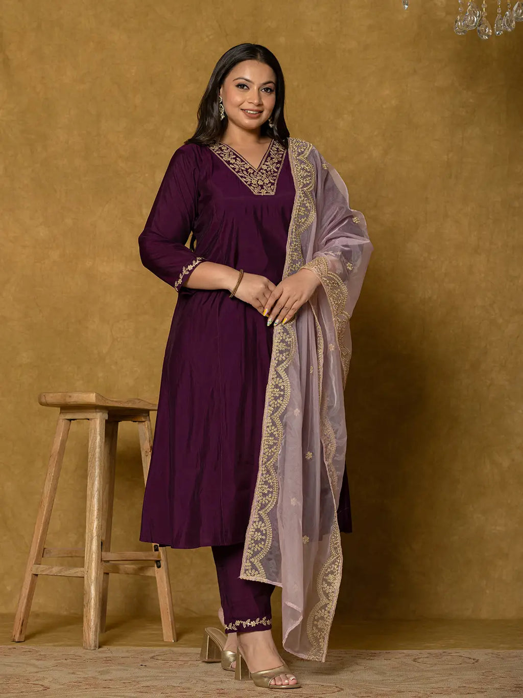 Yufta Purple Silk Embroidered Plus Size Kurta Dupatta Set | Grocsy